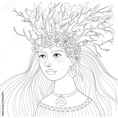 coloring page. Antistress coloring book for adults beautiful girl in a flower crown