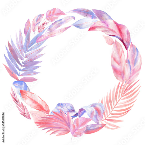 Wreath of Palm pink and purple leaves, leaves of palm tree, watercolor illustration on isolated white background, greeting card