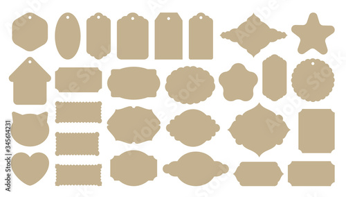 Vintage labels shape templates. Craft paper cutout. Die-cut knives forms. Pastry cookies pattern. Gift card or tag. Old aged retro style. Blank sticker for signature. Nameplate shape. Big vector set.