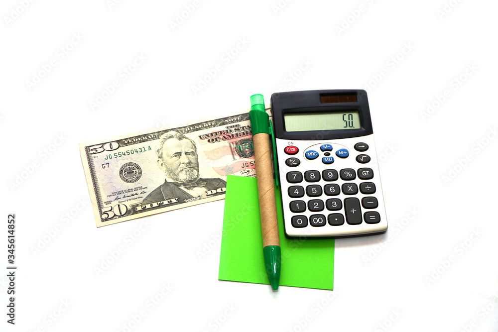 American dollars, pen, note paper and calculator on white background. American dollars, pen, note paper and calculator on white background.