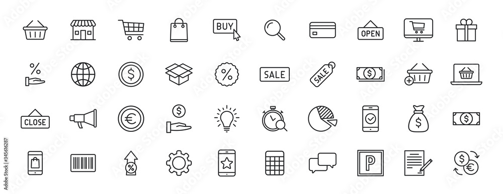 Set of 40 E-commerce and shopping web icons in line style. Mobile Shop, Digital marketing, Bank Card, Gifts. Vector illustration. Set of 40 E-commerce and shopping web icons in line style. Mobile Shop, Digital marketing, Bank Card, Gifts. Vector illustration.