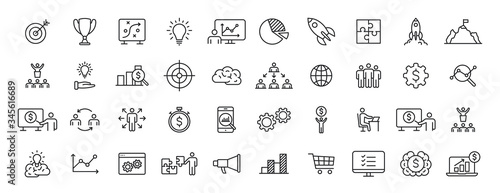 Set of 40 Business strategy web icons in line style. Startup, investment, financial, development, marketing, idea. Vector illustration.
