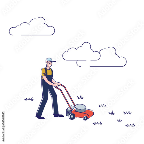 Gardening And Farming Concept. Man Working On Farm. Character Is Mowing Lawn With Lawn mower. Seasonal Agricultural Work. Agriculture and Garden Job. Cartoon Linear Outline Flat Vector Illustration