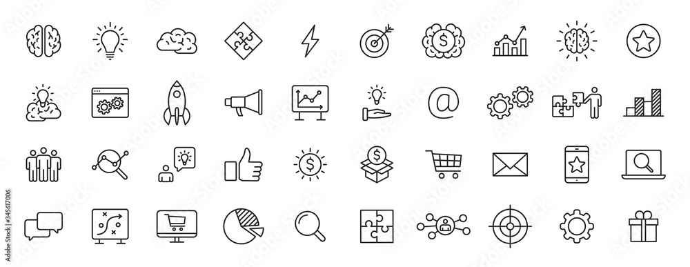 Set of 40 Creativity and Idea web icons in line style. Creativity, Finding solution, Brainstorming, Creative thinking, Brain. Vector illustration. - obrazy, fototapety, plakaty 