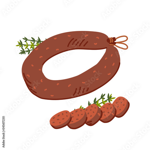 Kielbasa sausage. Meat delicatessen on white background. Slices of typical polish U-shaped smoked sausage. Simple flat style vector illustration.