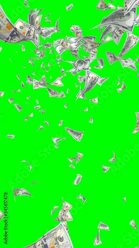 Flying dollars banknotes isolated on chromakey. Money is flying in the air. 100 US banknotes new sample. Vertical orientation. 3D illustration