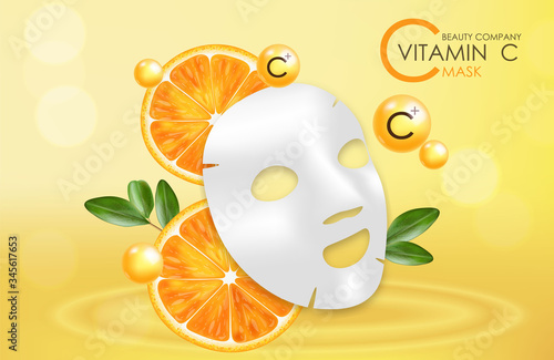 Vitamin C mask, beauty company, skin care bottle, realistic package mockup and fresh citrus, treatment essence, beauty cosmetics, vector banner