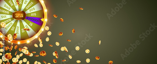 Vector illustration spinning fortune wheel on explosion of gold coins background. Realistic 3d lucky roulette.