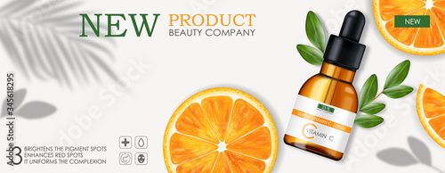 Vitamin C serum , beauty company, skin care bottle, realistic package mockup and fresh citrus, treatment essence, beauty cosmetics, white background vector banner