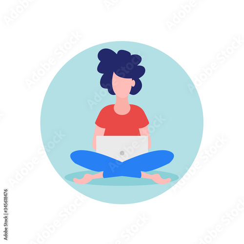 Girl sitting with laptop - Vector flat illustration. 