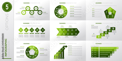 Infographic business template with 5 options. Green color version.