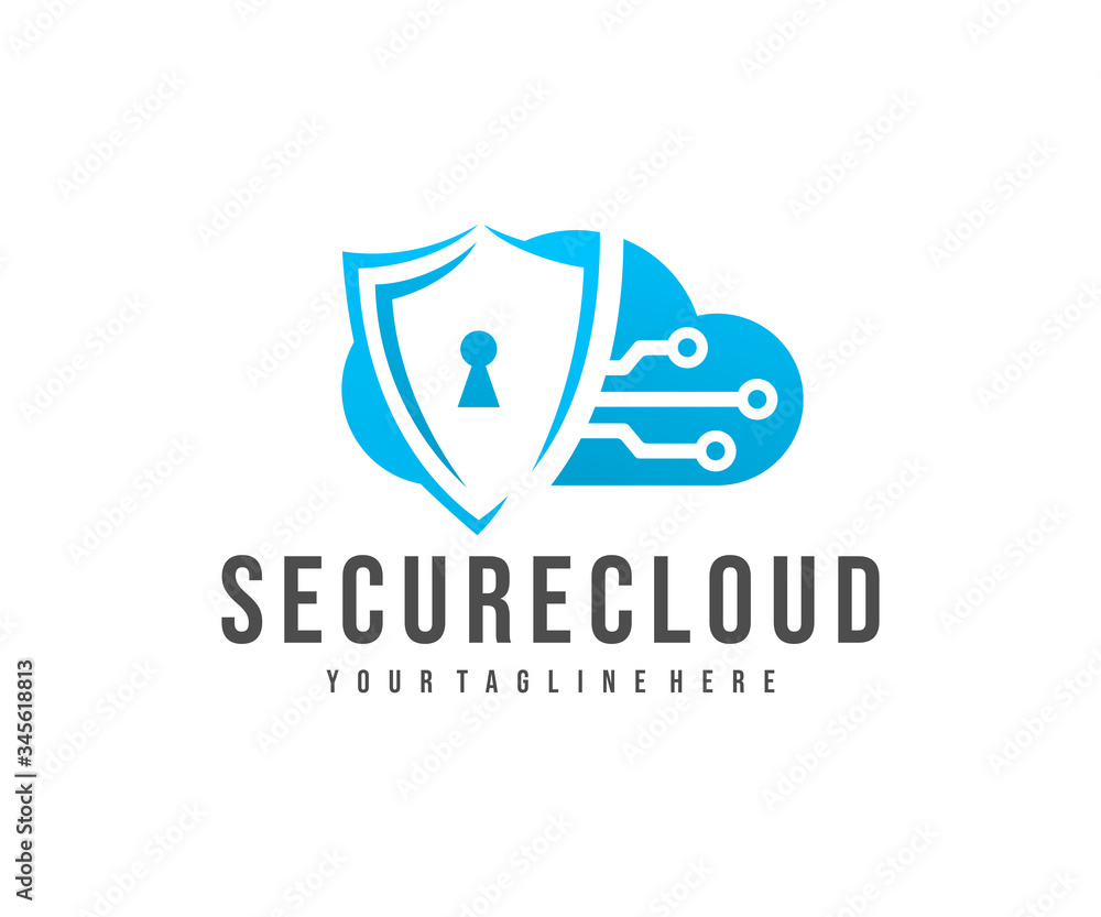 Naklejka premium Secure cloud storage, cloud, shield and circuit, logo design. Cloud computing, digital service, data transferring, datacenter and connection network, vector design and illustration