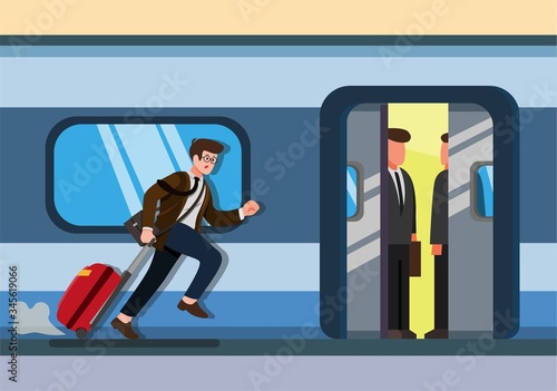 Businessman running to catch train office man with luggage on railway station city public transport. cartoon flat illustration vector isolated in white background