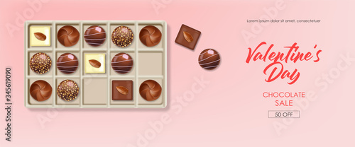 Realistic chocolate set and lights, delicious dessert pattern, valentine's day, love banner, top view chocolate pralines collection, black and white chocolate vector illustration