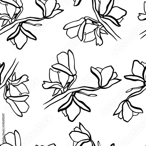 Seamless pattern with magnolias. Black outline on an isolated white background. Flowers in doodle style. Spring magnolias. Abstract floral print. Stock vector illustration.