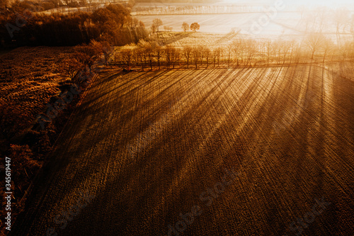 sunset with long shadow field in the morning