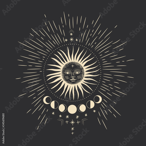 Vector illustration set of moon phases. Different stages of moonlight activity in vintage engraving style. Zodiac Signs, shining crystals, female hand