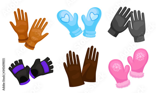 Different Gloves and Mittens as Handwear for Winter and Autumn Season Vector Set