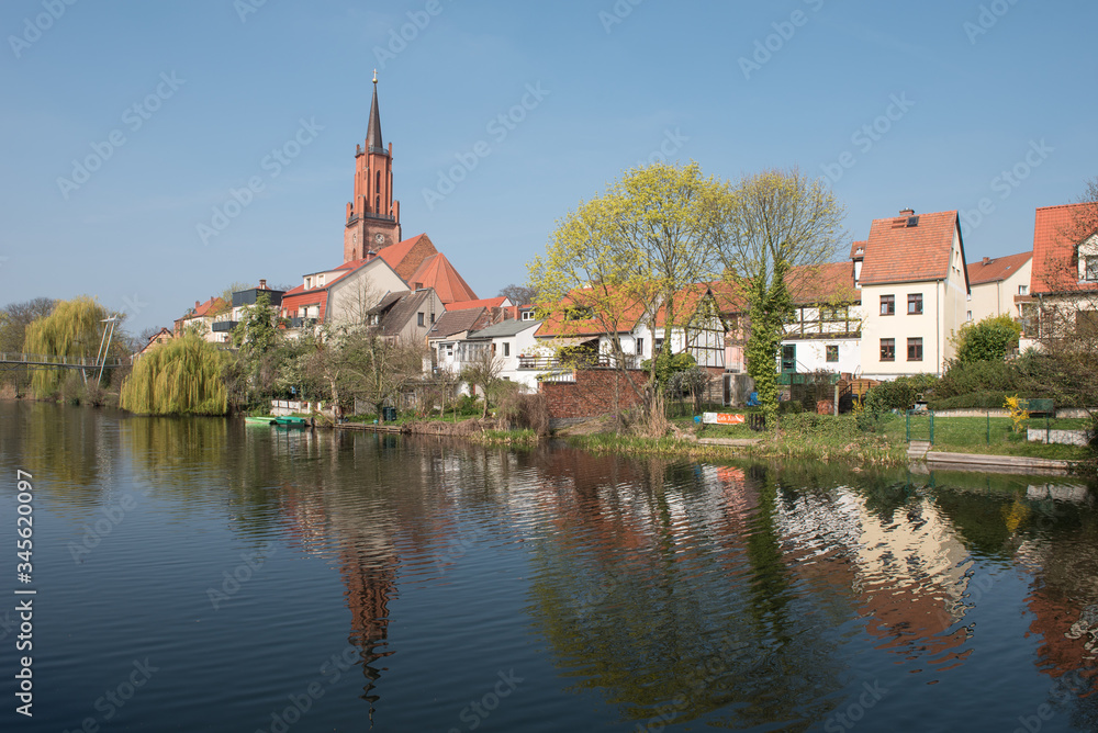 St. Marien-Andreas church at the city canal at the old harbour in Rathenow	