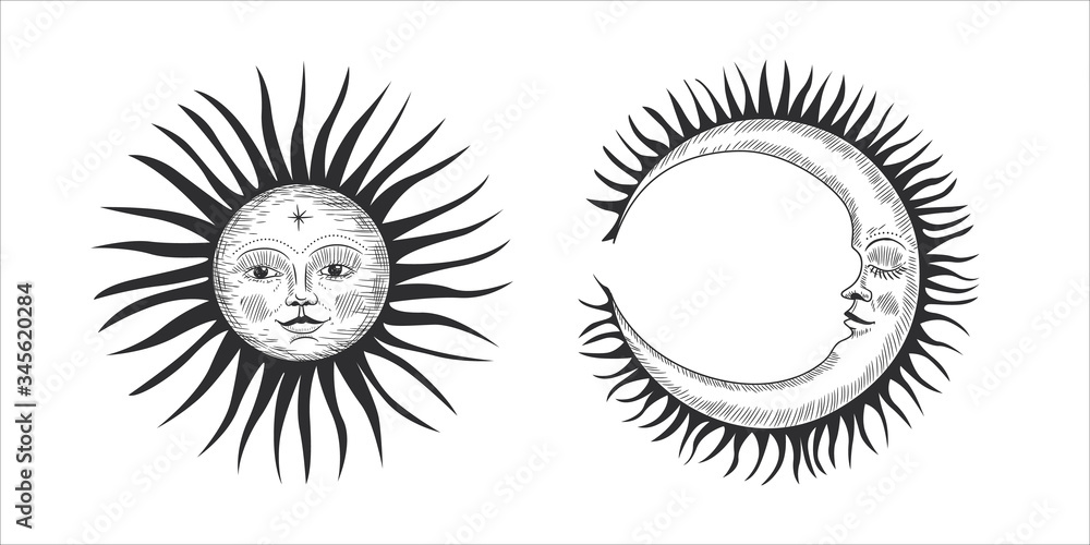 Fototapeta premium Vector illustration set of moon phases. Different stages of moonlight activity in vintage engraving style. Zodiac Signs, shining crystals, female hand