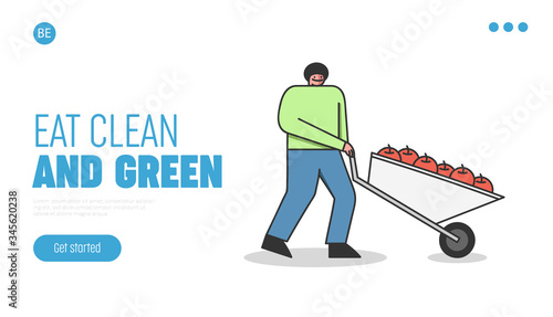 Farming And Seasonal Harvesting Concept. Website Landing Page. Boy Carries Wheelbarrow Full Of Apples. Man Transports Fruits to Warehouse. Web Page Cartoon Linear Outline Flat Vector Illustration