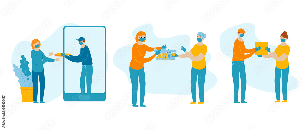 Set illustration of courier in medical facial mask and gloves delivering parcel to woman during quarantine. Secure online food order and package delivery service food shipping. 