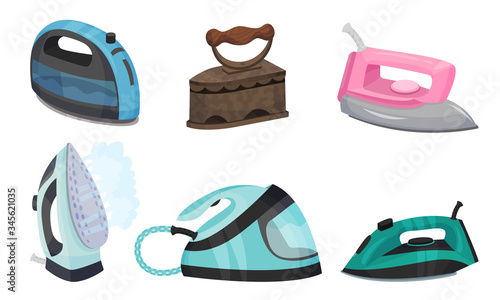 Irons as Electric Household Appliance for Steaming Clothes Vector Set