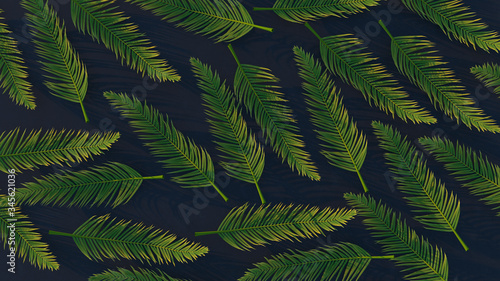 3d render of green palm leaves on a black background. Foliage with the depth of field.