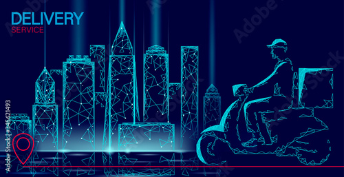 Scooter city delivery box. Walk road neon lights food shipping mobile app order. Package quarantine thermal bag backpack dinner meal. Fast delivery concept vector illustration