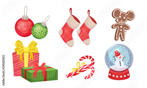New Year Attributes with Sock for Presents and Gingerbread Mouse Vector Set
