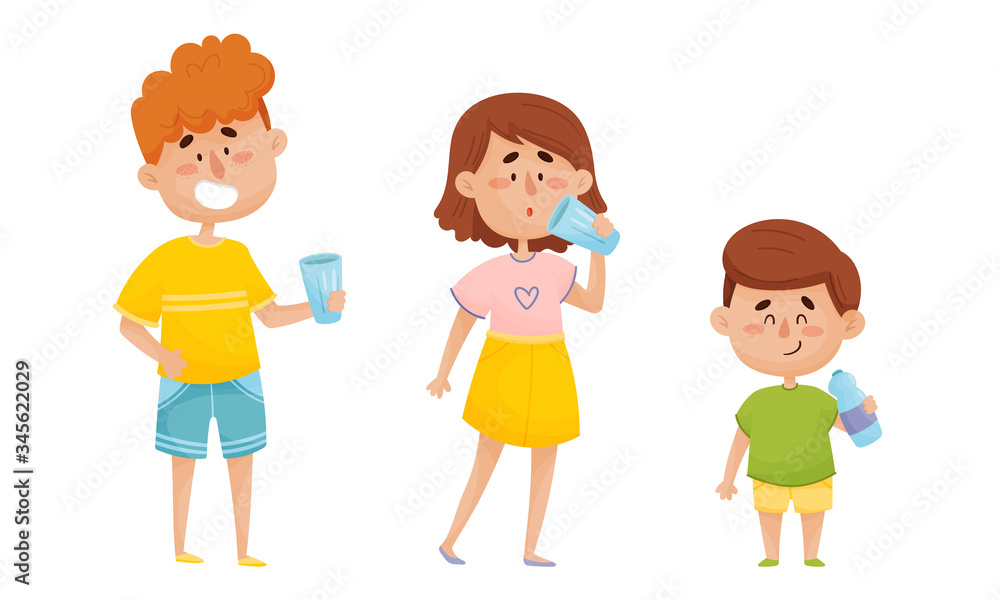 People Characters Standing and Drinking Still Mineral Water from Plastic Bottle Vector Illustrations Set