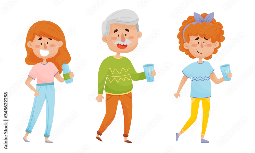 People Characters Standing and Drinking Still Mineral Water from Plastic Bottle Vector Illustrations Set People Characters Standing and Drinking Still Mineral Water from Plastic Bottle Vector Illustrations Set