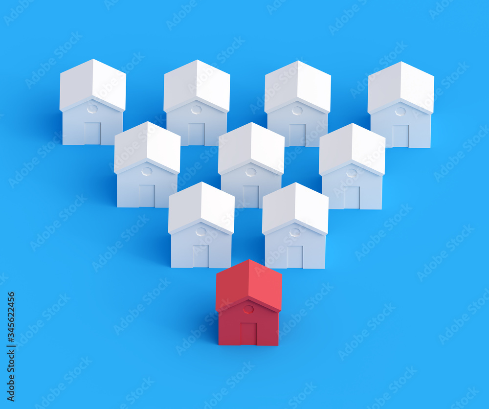 Hot Property amongst others, red house amongst the white. Many houses one is red. 3d illustration Hot Property amongst others, red house amongst the white. Many houses one is red. 3d illustration
