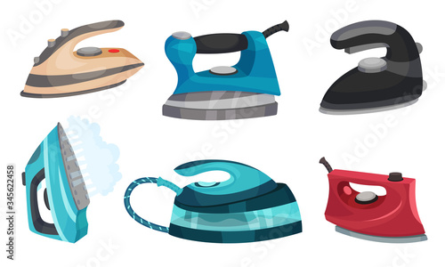 Irons as Electric Household Appliance for Steaming Clothes Vector Set