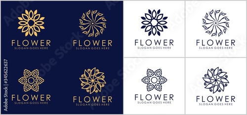 Set of golden minimalist elegant flower logo design. cosmetics, yoga and spa logo design inspiration. Premium Vector