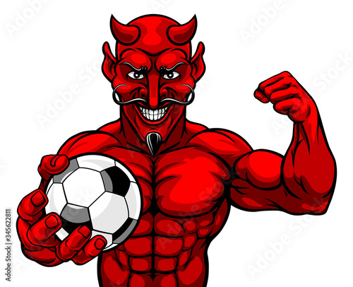 A devil Satan Soccer Football sports mascot cartoon character man holding a ball