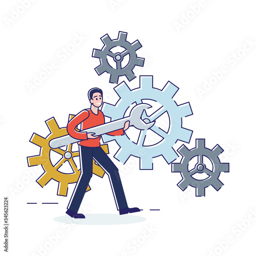 Teamwork And Brainstorm Concept. Male Character Repairs Cogwheel Mechanism With Wrench. Metaphor Of Solution Problems In Business And Everyday Life. Cartoon Linear Outline Flat Vector Illustration