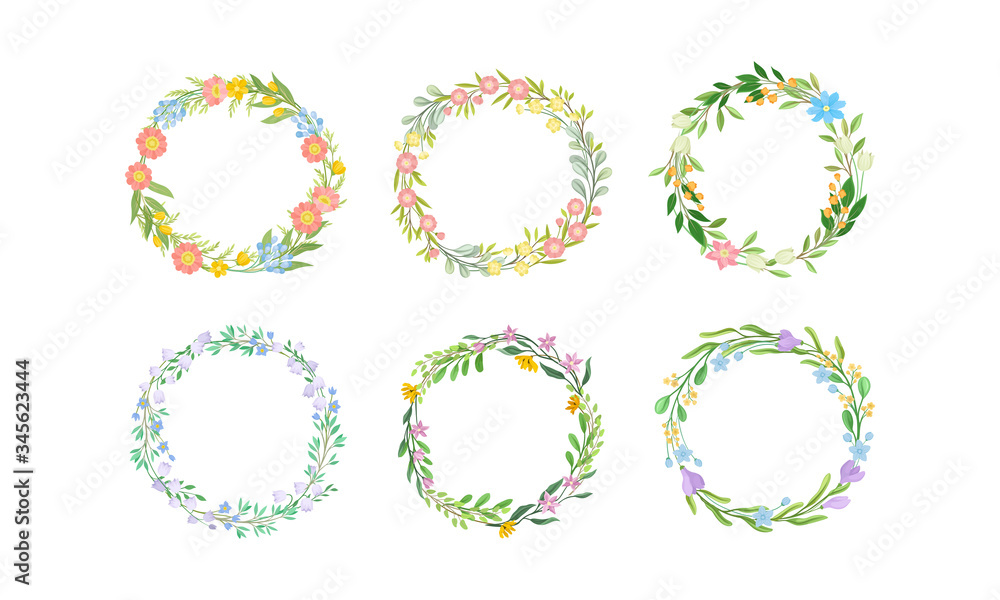 Floral Wreaths with Leafy Tree Branches and Blooming Summer Flowers Vector Set