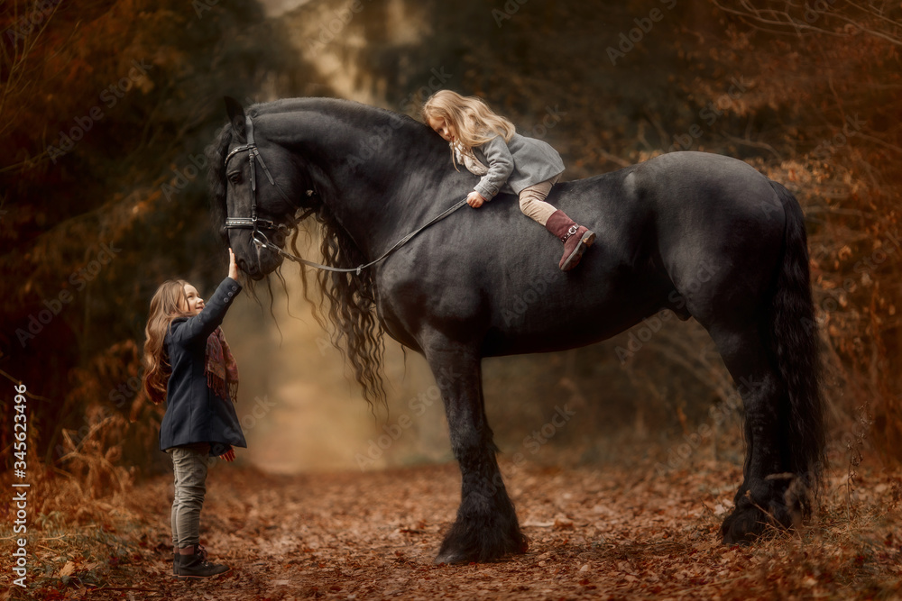 Little sisters with Friesian stallion with long hair outdoor portrait in an autumn forest Little sisters with Friesian stallion with long hair outdoor portrait in an autumn forest