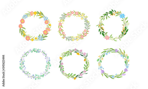 Floral Wreaths with Leafy Tree Branches and Blooming Summer Flowers Vector Set