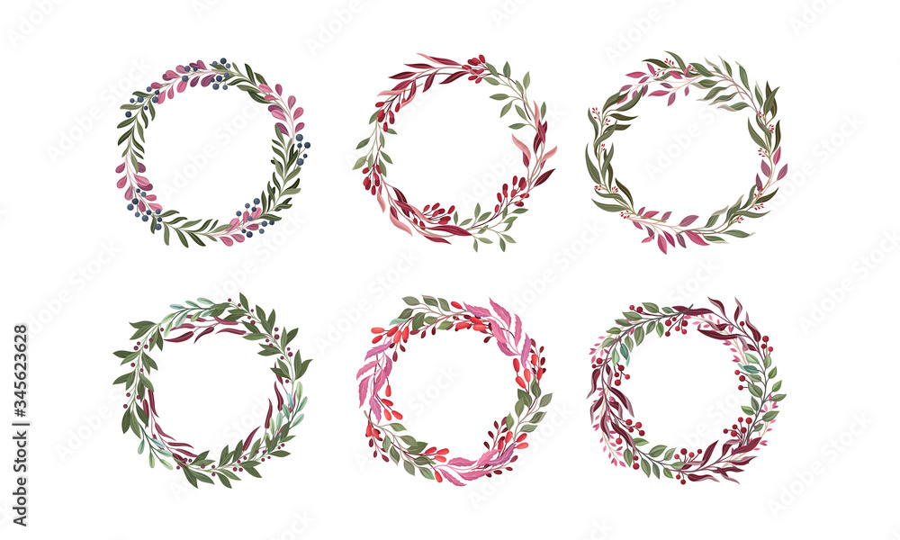 Floral Wreaths with Leafy Berry Twigs and Branches Vector Set Floral Wreaths with Leafy Berry Twigs and Branches Vector Set