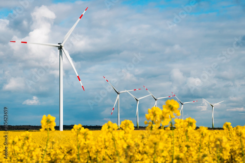 Windfarm in northern Germany surrounded by yellow raps field and blue sky