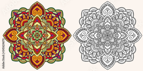 Coloring page. Antistress coloring book for adults. Mandala. Outline drawing and coloring example