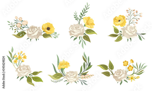 Flower Compositions with White Rose and Floral Leafy Branches Vector Set
