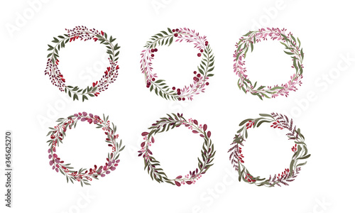 Floral Wreaths with Leafy Berry Twigs and Flower Branches Vector Set