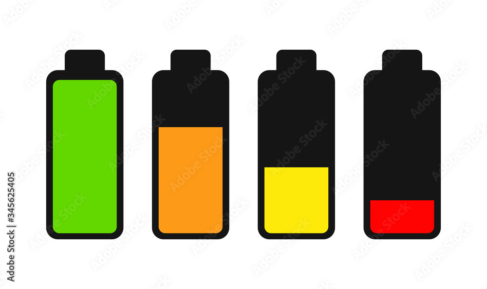 Illustration of battery level with green, orange, yellow, and red colour. Illustration of battery level with green, orange, yellow, and red colour.