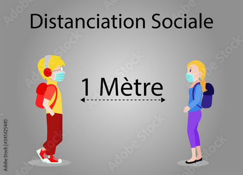affiche pour la distanciation sociale entre deux personnes ici deux enfants un garçon et une fille qui portent un masque et respectent l'éloignement de 1 mètre sur un fond gris en dégradé