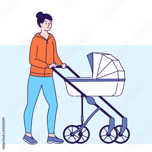 Young mother walks with baby carriage vector illustration. Healthy lifestyle and rest on nature. Isolated cartoon characters on a blue background.