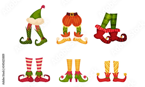 Elf Legs in Shoes with Crooked Toes and Ornamental Pants or Socks Vector Set