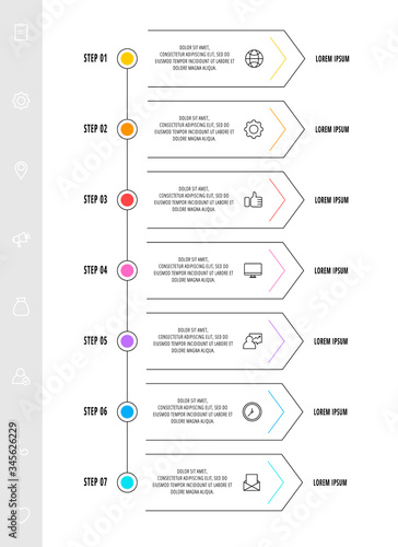 Infographic arrows with seven steps, icons. Line vector template. Can be used for diagram, business, web, banner, workflow layout, presentations, flow chart, info graph, timeline, content, levels.